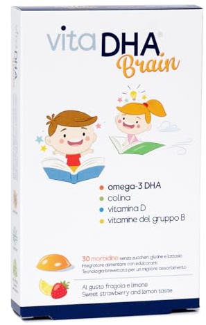 VitaDHA Brain Omega 3 Bambini 3+ Anni IFOS 5 Stelle (30 Jelly Morbide) - Senza Retrogusto di Olio di Pesce e Senza Zucchero - Gusto Fragola e Limone con Vitamina D3 e B