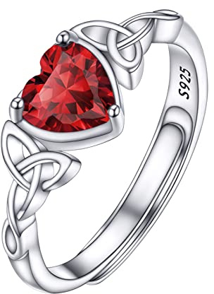 PROSILVER Adjustable 925 Sterling Silver Ring for Women Heart Solitaire Cubic Zirconia January Garnet Red Birthstone Open Thumb Rings, Celtic Jewellery for Ladies Girls with Gift Box
