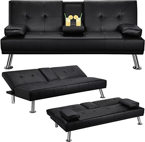 Yaheetech Modern Faux Leather Sofa Bed With Cup Holders 3 Seater Sofa Couch Living Room Guest Room Bedroom Black