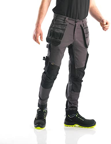 Bitco GARONE Pantalón de Trabajo Extensible para Rodilleras, Color Gris y Negro, Resistente al Agua y al Aceite, con Refuerzo de Cordura®, Bolsillos de Utilidad, 46