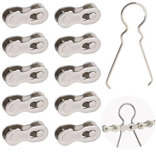 KASESSS 10 Paar Kettenschloss 10fach, Kettenschloss Fahrradkette Kohlenstoffstahl, Wiederverwendbar Kettenglieder Fahrrad mit Einfach Kettenschloss Zange, Fahrradkette 10fach für Mountainbikes(Silber)
