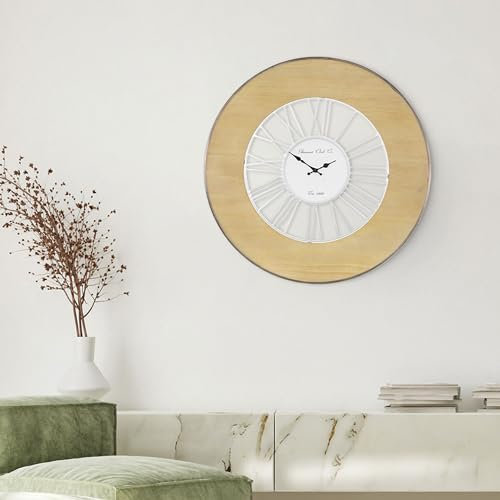 WOMO-DESIGN | XXL Große Wanduhr Alfheim rund Ø85 cm Weiß-Natur, aus Holz-Metall, Vintage-Stil, Retro Dekoration, Römische Ziffern, Lautlos, Geräuschlosem Uhrwerk, Dekorative Uhr für Wohnzimmer, Küche