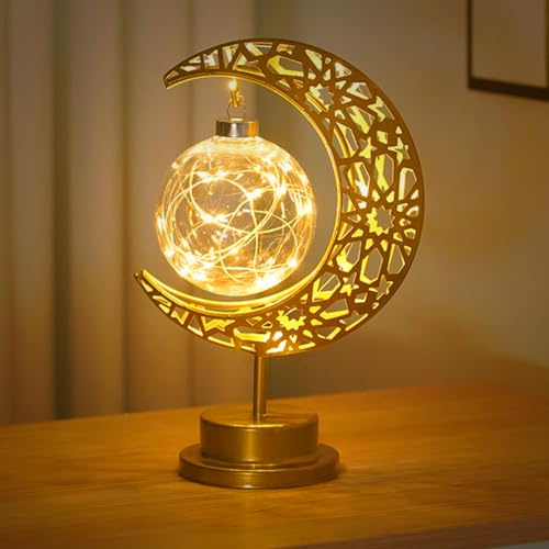 Azazaza Lámpara de luna, lámpara de noche alimentada por pilas, lámpara de mesa LED conmemorativa conmemorativa con soporte, lámpara mágica de media luna para decoración de Ramadán para dormitorio
