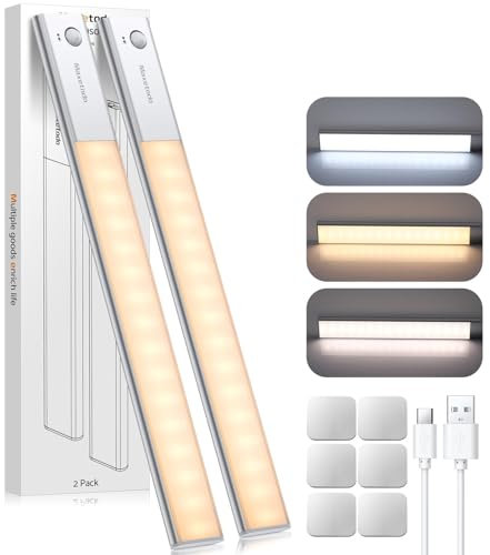 Maxetodo 2x Unterbauleuchte Küche 64 LED Küchenunterbauleuchte Schrankbeleuchtung Schrankleuchte mit Bewegungsmelder Innen 3 Farbtemperaturen Typ-C wiederaufladbar für Schränke Kleiderschrank Treppen