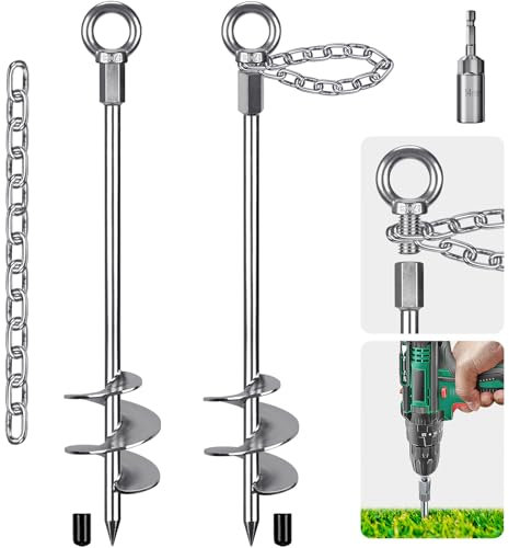 Insaga Tent Peg, 45cm Heavy Duty Ground Anchor Large Metal Earth Stake Spiral Blade Screw in Trampolines Spike for Swing Set/Camping/Shed/Dog/Carport with 37cm Fixed Chain, 2 Pack