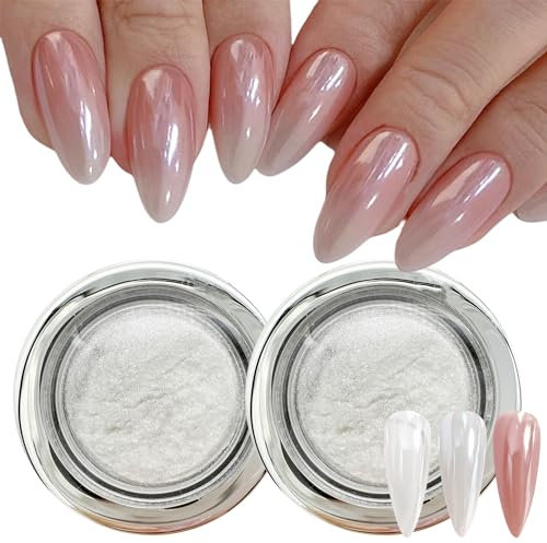 2 Boxes White Pearl Chrome Nail Powder Transparent Aurora Chrome Pigment Powder for Nails, Glassy Pearl Glitter Powder Nails Mirror Effect Nail Art Powder
