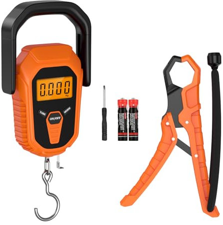 Brifit Kofferwaage mit Haken, 50KG / 110 LB Fischwaage mit Fischlippengreifer, IPX4 Wasserdichte Gepäckwaage mit Hintergrundbeleuchtung LCD-Anzeige, Maßband, 2 AAA Batterien enthalten（Orange）