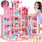 Big Dream Doll House for Girls with 5 Stories 19 Rooms, Dolls, Mat, LED Light, Furnitures, Puppie, Accessories, Toddler Dollhouse Gift for for 3 4 5 6 7 8 9 10 Year Old Girls Toys