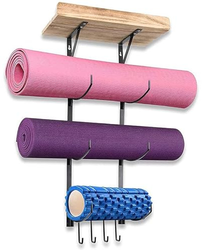 Hiraith Estante de Estera de Yoga con Estantes y Ganchos Flotantes, Soporte de Estera de Yoga de Montaje en la Pared para la Decoración del Gimnasio en Casa, para Ahorrar Espacio en el