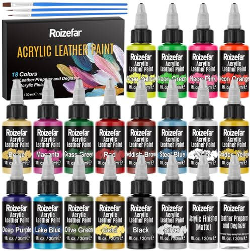 Roizefar Kit di colori acrilico per pelle, Kit Ultimate Tutto-in-Uno da 20 x 30ml con Sgrassatore e Fissatore, 18 colori di tintura per pelle impermeabile per scarpe, Sedili auto, divano
