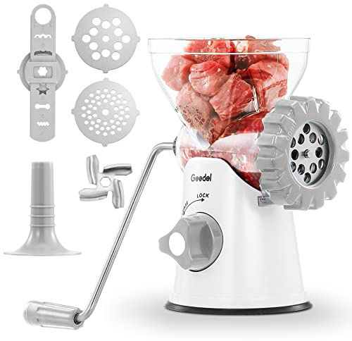 Geedel Meat Grinder, 4 in 1 Meat Mincer Manual for Meat Sausages Churros and Puff Pastry, Sausage Meatball Maker with Powerful Suction Base, Mincer Machine for Home Use, Easy and Fast (Grey)