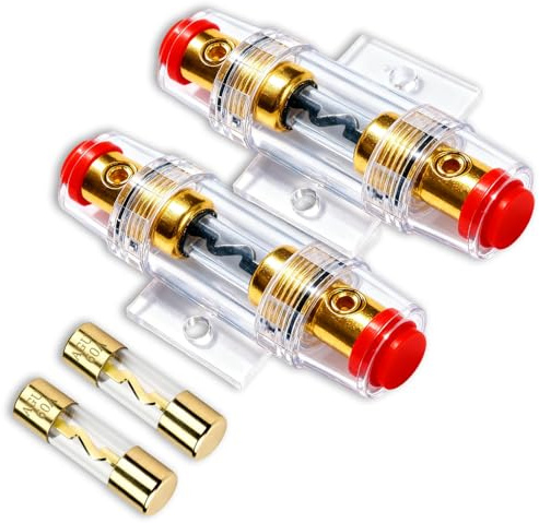 2 Porte-Fusibles AGU Inline avec 2 Fusibles 60A, Porte-Fusible Voiture Doré Transparent pour Audio Auto, Amplificateur, Alarme, Compresseur, Compatible Câbles 4/6/8/10 AWG