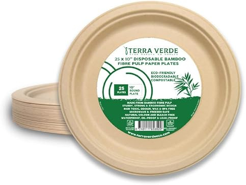 Terra Verde 25-Pack 10 Bamboo Fibre Pulp Disposable Plates for Parties Biodegradable Unbleached Brown, Odour-Free, Food-Safe, Leak-Proof, Microwave-Safe Tableware for Picnic, BBQ, Catering & Events