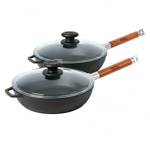 BIOL Lot de 3 poêles en fonte 24 cm + 26 cm + 28 cm – Avec poignées en bois amovibles (parent) (Set 24/26 cm avec couvercles)