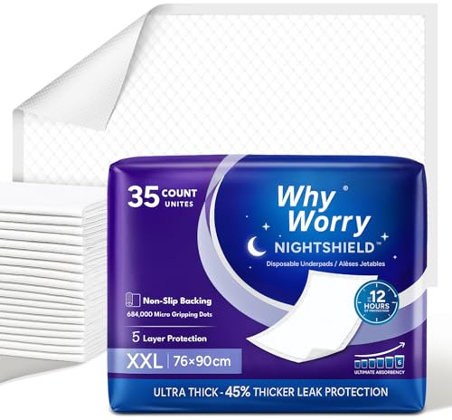 WhyWorry NightShield-inkontinens sängkuddar för vuxna med halkskydd, 76 cm x 91 cm extra stora chuckkuddar för kvinnor och män, vattentäta engångsdynor, luktkontroll, halkbeständig, 35 st