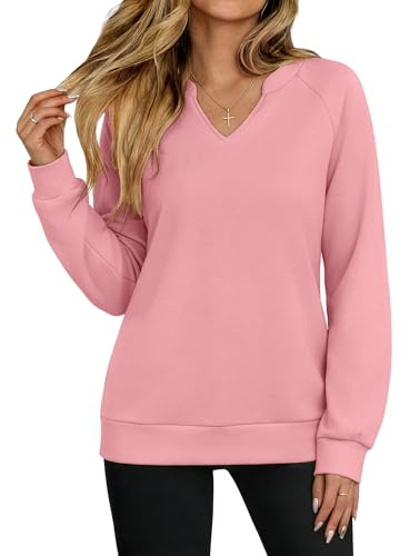 Aottori Sudadera Mujer sin Capucha Algodon Manga Larga Cuello en V Jersey Oversize Sudaderas Informal Color Liso Rosa L