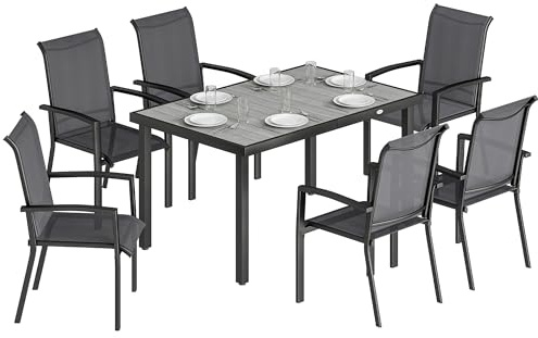 Outsunny Set Tavolo e Sedie da Giardino 7 Pezzi, Mobili da Esterno con Tavolo Piano Rimovibile e 6 Sedie Impilabili in Texteline Traspirante, per Terrazza Balcone Patio, Grigio