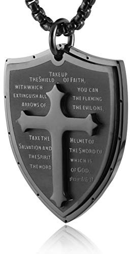 HZMAN Armor of God Ephesians 6:16-17 Stainless Steel Faith Cross Shield Necklace Pendant for Men Jewelry Gift (Black)