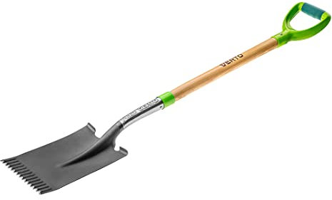 VERTO Spaten gerade, Holzgriff, gehärteter Kopf, Kunststoff-Doppelmaterialgriff, Gesamtlänge 1150 mm, gezackten Kante zum leichteren Schneiden durch steinigen Boden und Wurzeln