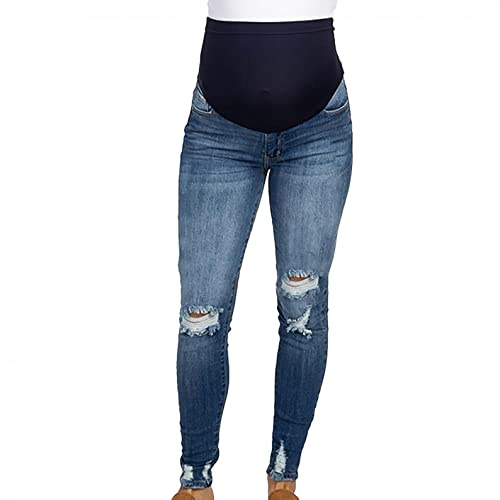 Jeans för gravida kvinnor: Mammajeans dam skinny graviditetsjeans långa mammabyxor jeansbyxor slitna jeans maternity jeans denim leggings för graviditet mammajeans jeggins, blå, S