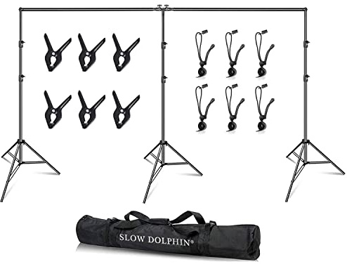 SLOW DOLPHIN Photo Video Studio 20ft (Wide) x 10ft (Tall) Heavy Duty Adjustable Width & Length Photography Backdrop Stand Background Support System Kit with Spring Clamps, Backdrop Clips, Carry Bag