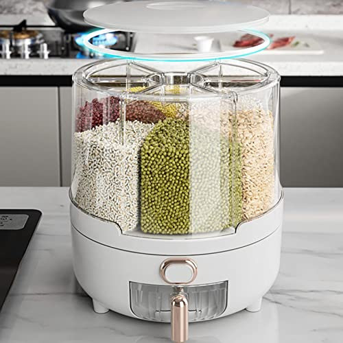 Dispensador de Arroz, Dispensador Giratorio de Alimentos Secos, Contenedor de Almacenamiento de Granos de Cocina de Plástico PP con Soporte de 6 Compartimentos para Arroz y (M)