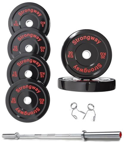 Strongway® Olympic 50KG 70KG 100KG Bumper Weight Plates Sets with 6FT 7FT Barbell - 2 Inch (2) / 50mm Hole - Rubber Coated Cast Iron Weight Lifting Bar (50KG SET + 6FT BAR)