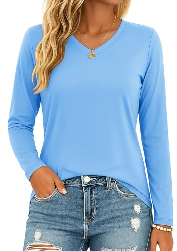 MAGCOMSEN Women's Long Sleeve Tee Shirt Cotton Casual Shirts Lightweight Basic Solid Casual T Shirts Breathable Blouses Waterfall Blue,S