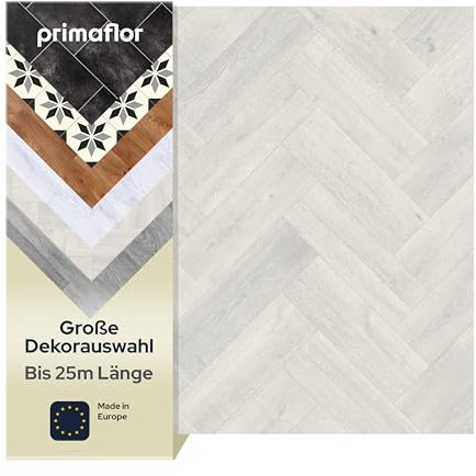 Primaflor PVC Bodenbelag Meterware - TURIN, Fischgrät Weiß 009S, 2,00m x 1,00m, Vinyl-Boden in Fliesenoptik für Küche, Wohn- und Badezimmer, Hochwertige Auslegware, Anti-Rutsch Oberfläche