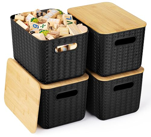 Ohmlove 4 Packs Storage Bins with Bamboo Lids - Plastic Storage Containers with Lids Stackable Storage Box: Storages Baskets for Organizing Desktop Closet Playroom Classroom Office, Black