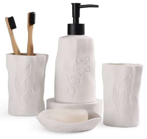 Autumnlife 4-teilig Badezimmer Zubehör Set, Keramik Bad Zubehör Set mit Seifenspender, Seifenschale, Zahnbürstenhalter, Elegant Matt Badezimmer Set mit Geprägten Details, Weiß
