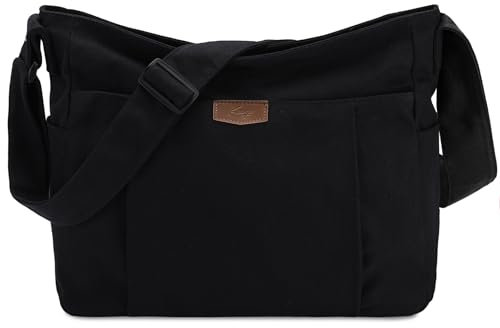 Kasgo Umhängetasche Damen Herren, Große Canvas Messenger Bag Crossbody Bag Schultertasche Tote Bag für Arbeit Schule Reisen Schwarz