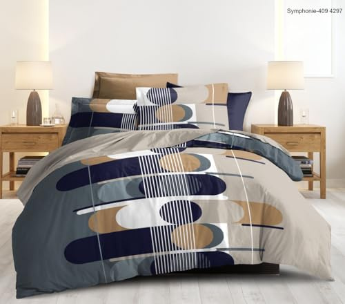 Générique Parure de Lit 4 Pièces, 160 x 200 cm, Motif Floral Beige sur Fond Gris, 100% Coton, 57 Fils/cm²