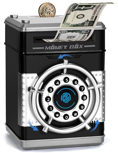 Thedttoy Simulated Fingerprint PIN Lock Money Box,Safe Piggy Bank for Kids,Auto-Spin Unlock Smart Cash Saving Box Birthday Present for 3-12 Years-Black