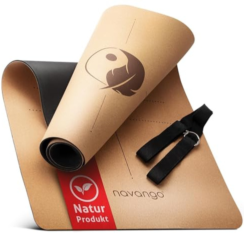 navango® Yoga Matte Kork | Inklusive Yogagurt | 4mm Dicke | Natürliche Dünne Yogamatte aus Naturkautschuk und Kork | Mit Hilfslinien | Yogamatte Rutschfest & Sweat Proof | Yoga Set Tragegurt