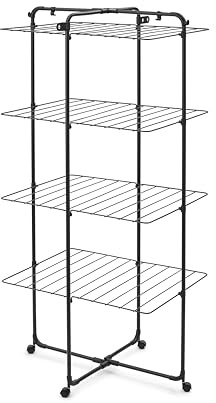 Brabantia HangOn Tendedero en Torre 30 M (Negro Mate), tendedero Vertical Que Ahorra Espacio, tenderete de Ropa Plegable con 4 Niveles de Secado, Ruedas y Ganchos