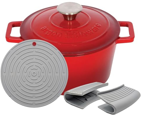 Argon Tableware Round Cast Iron Casserole Dish with Self-Basting Lid - 2.8L - Red Ombre - 1x Induction Hob Cooking Dutch Oven Bread Baking Serving Roasting Stew Stock Pot Cookware Pan