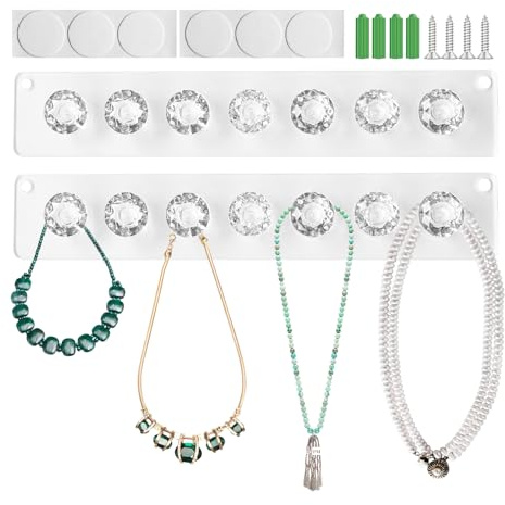TAGMEIU 2PCS Wall Mounted Necklace Holder, Wall Jewellery Organiser | Jewelry Display Hanger Stands for Necklaces, Bracelets, and Rings, with Double-sided Self-adhesive and Screws