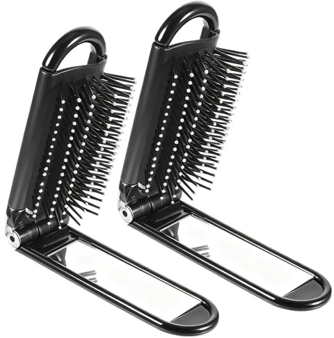 Folding Hair Brush with Mirror, 2 Pcs Portable Travel Brush for Women Pocket Size Anti-static Mini Hairbrush Compact Massage Comb Hair Styling Tools for Women Girls Home Travel Gym Purse (Black)