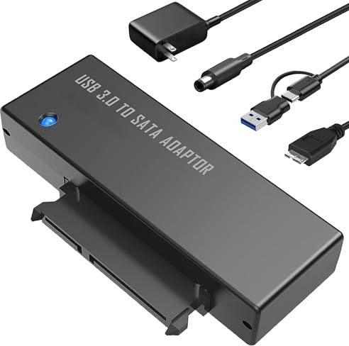 USB 3.0 to SATA Adapter, 2-in-1 USB C and USB A to SATA Converter Cable with 12V/2A Power Supply, Supports 2.5/3.5 Inch HDD/SSD up to 18TB, UASP for High-Speed Data Transfer & Backup, Plug and Play