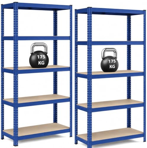 Garage Shelving Units,5 Tier Shelving Unit Garage Shelves Storage Shelf Heavy Duty Shed Storage Racking Shelf Metal Boltless for Warehouse Workshop Office (Blue, 2pack-90X40X180)