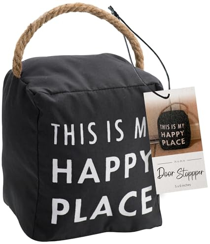 Pavilion This Is My Happy Place Canvas Door Stopper - Weighted Fabric Decorative Doorstop with Handle, Polyester Sand Bag Soft Door Stoppers for Interior Doors, Black Home Decor, 5 x 4.75 x 6