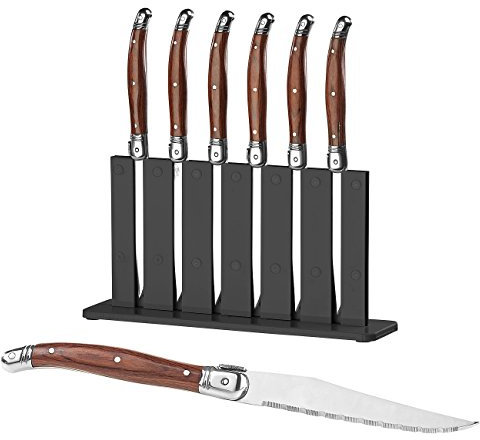 Rosenstein & Söhne Pizzamesser: 6er-Set Laguiole-Steakmesser mit Pakkaholz-Griff und Messerständer (Steakbesteck, Steak-Messer, Messerblock)