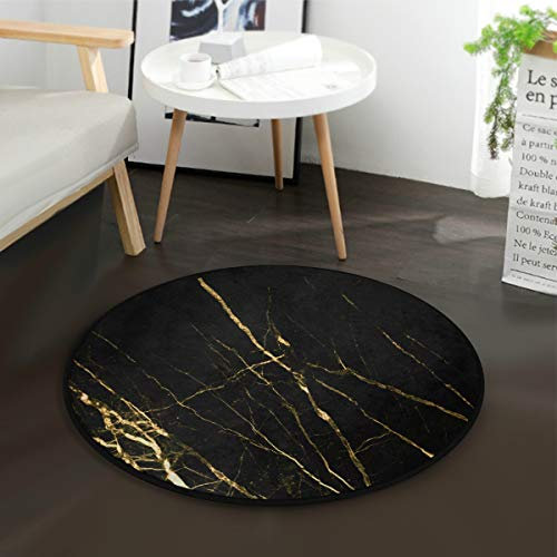 Mnsruu Runder Teppich für Wohnzimmer, Schlafzimmer, 92 cm Durchmesser, Schwarz / goldfarben