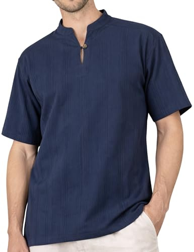 PANASIAM Chemise Homme - Chemise d'Été Légère - Col Tunisien | Chemise 100% coton, chemise de pêcheur, bouton en bois, sans col, pour le quotidien, les vacances, comme chemise médiévale
