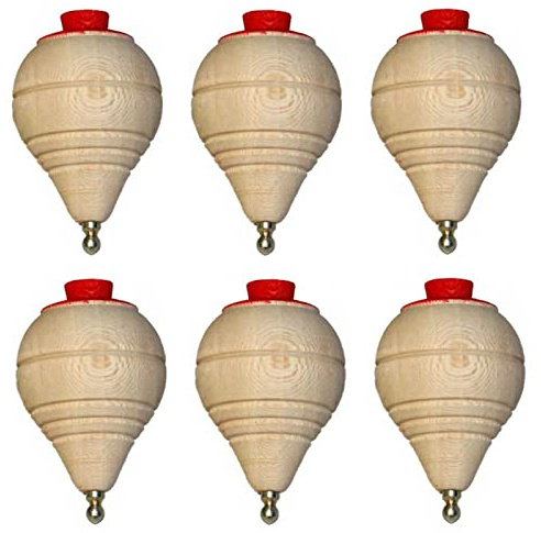 Tradineur - Pack de 6 peonzas de Madera con Cuerda y Punta metálica, trompos, pirindolas, Spinners, Regalos para niños, cumpleaños (7,5 x 4,5 cm)