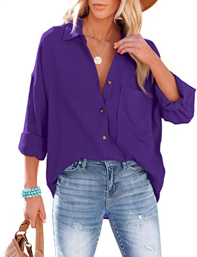 NONSAR Damblus, ledig skjorta med V-ringning, 100 % bomull, lös passform, solid, tjock topp, elegant med ficka
