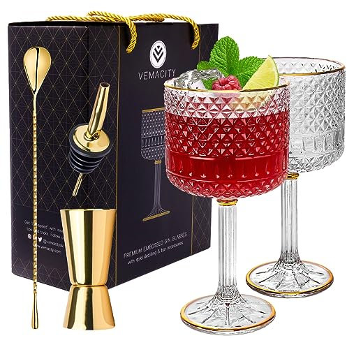 Vemacity Luxury Gin Glasses Set of 2 w/Gold Rims | Includes Gold Spoon, Spirit Measure & Pourer | Crystal Gin Glass Gifts for Women | Aperol Spritz Gift Set & Cocktail Glasses | Ideal for Christmas