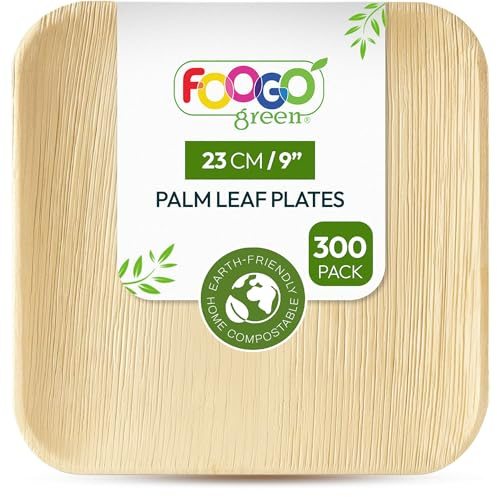FOOGO Green 300pcs Disposable Palm Leaf Plates, 9(23cm) Large Square | Eco Biodegradable Compostable Like Wooden, Bamboo, Paper Plates for Hot Food, Picnic Wedding Parties Plates