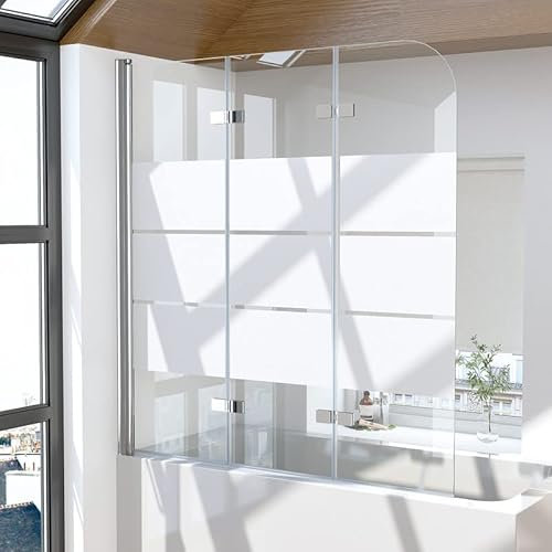 Duschwand für Badewanne 3-teilig 130x140cm Duschabtrennung, Faltbar Gestreift Glas Badewannen Badewannenaufsatz 6mm EGS Sicherheitsglas, Silber Streifenmuster Duschtrennwand Trennwand Badewannenwand